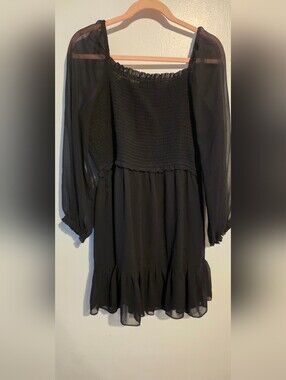 MSK Black Smocked Bodice Sheer Long-Sleeve Mini Dress